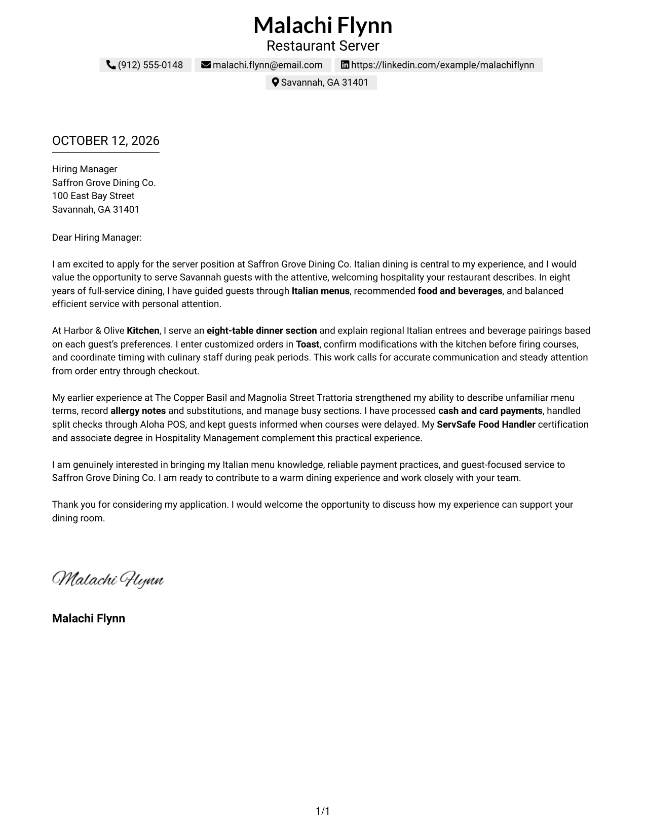 Text/Fang Style Cover Letter Preview
