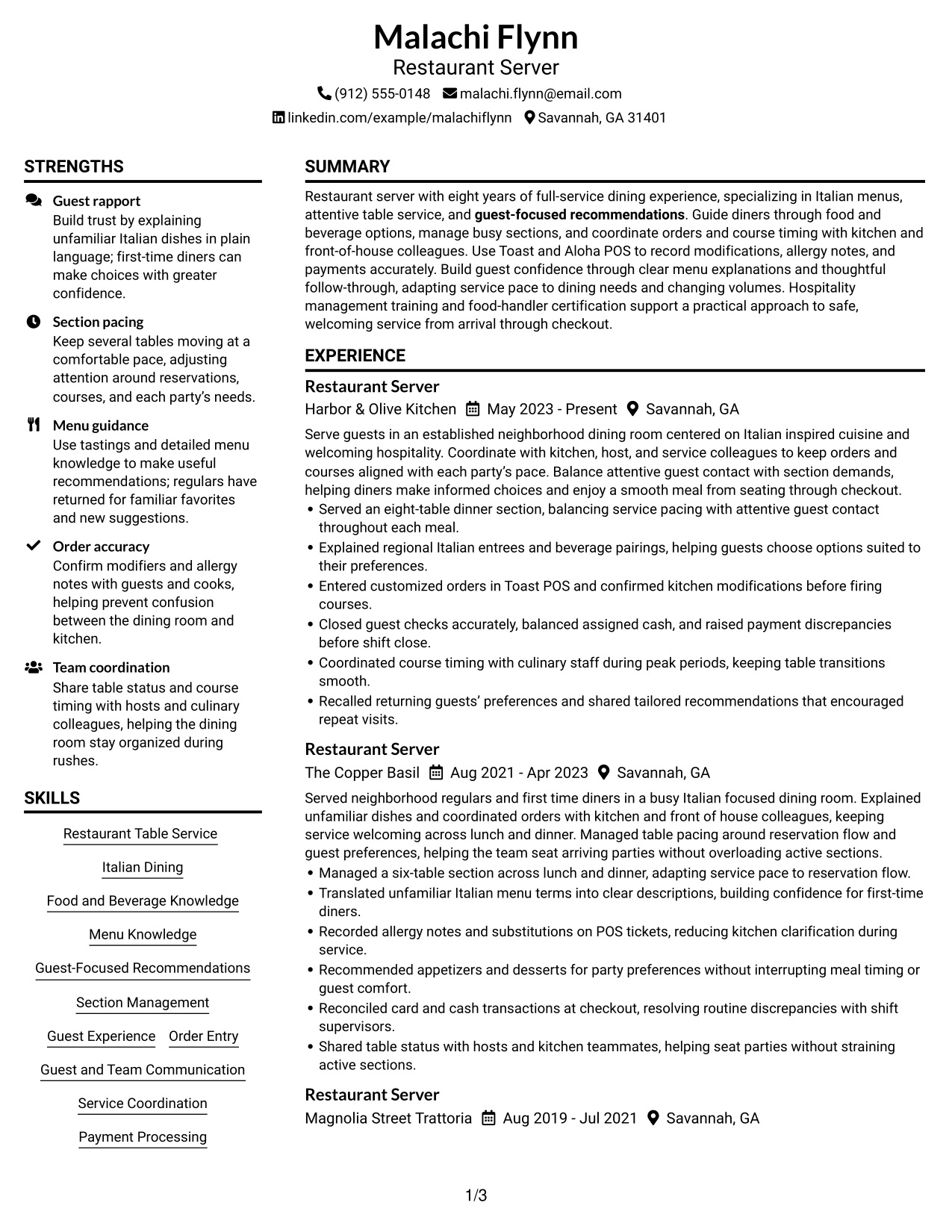 Resume Example Page 1