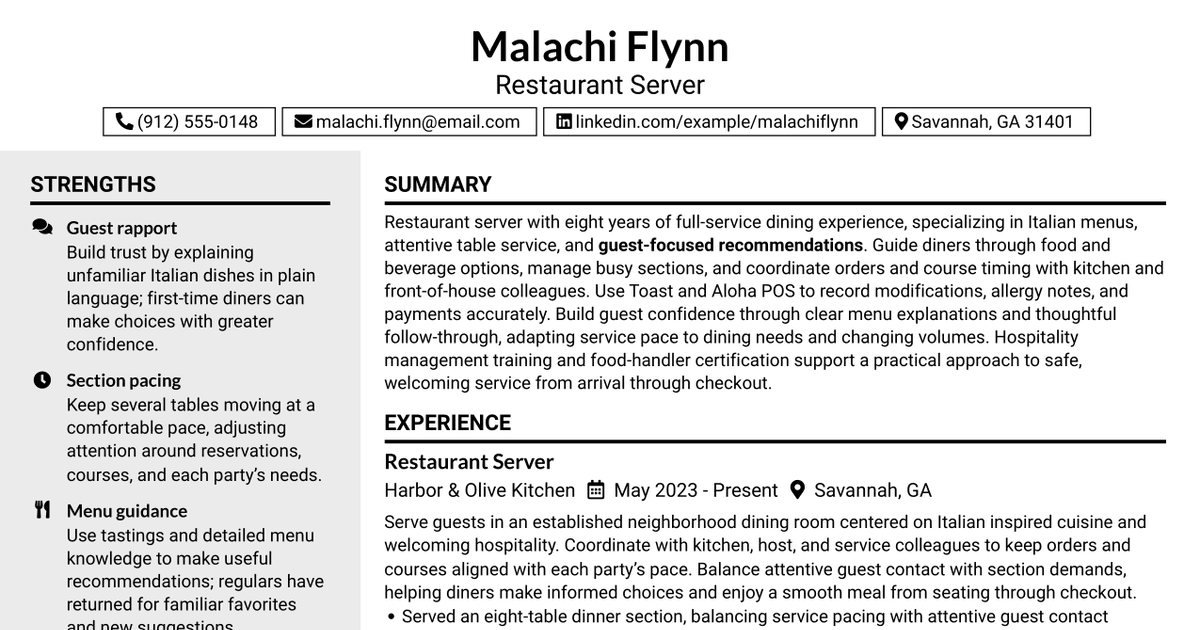 7 Restaurant Server - Italian Dining Resume Templates with Example