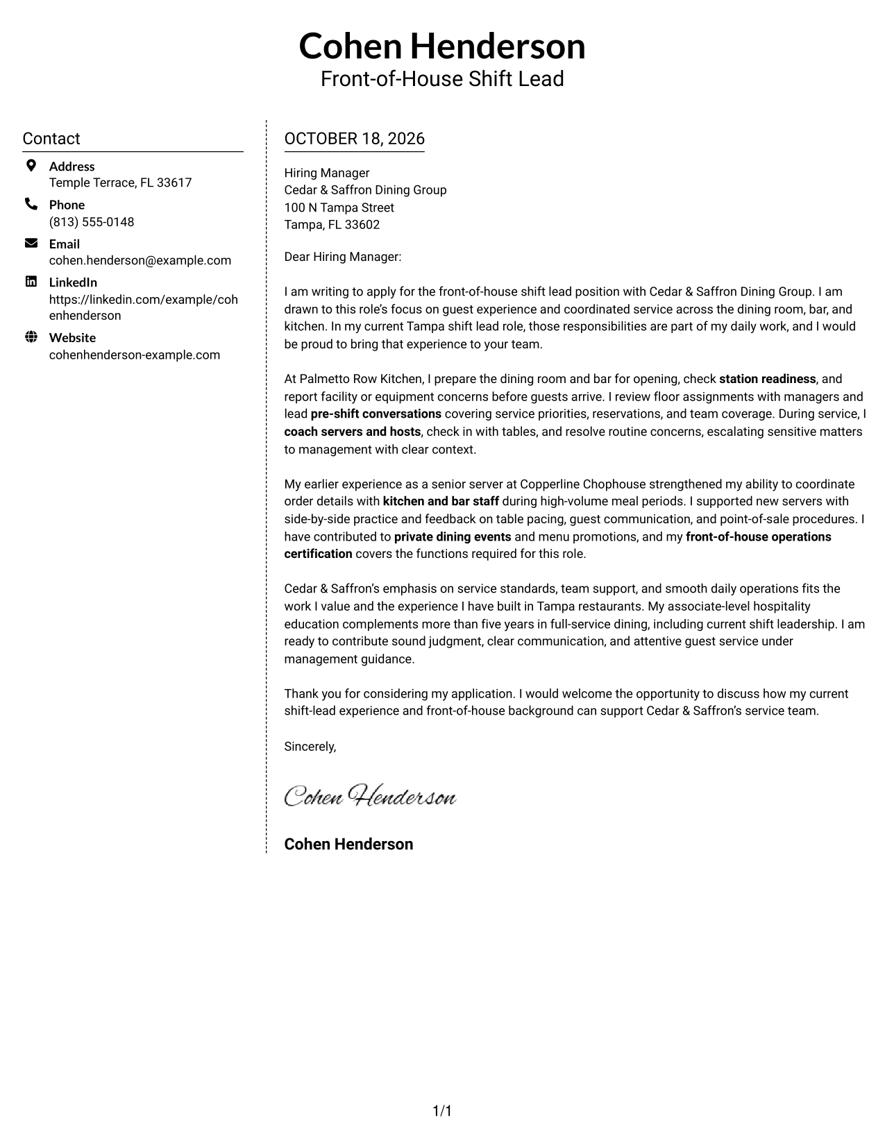 Cover letter example — page 1