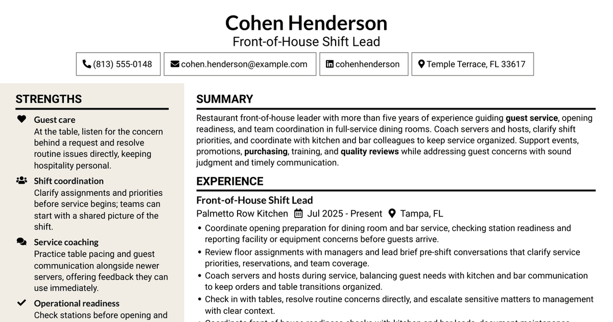 7 Restaurant Shift Lead - Front-of-House Service Resume Templates with Example