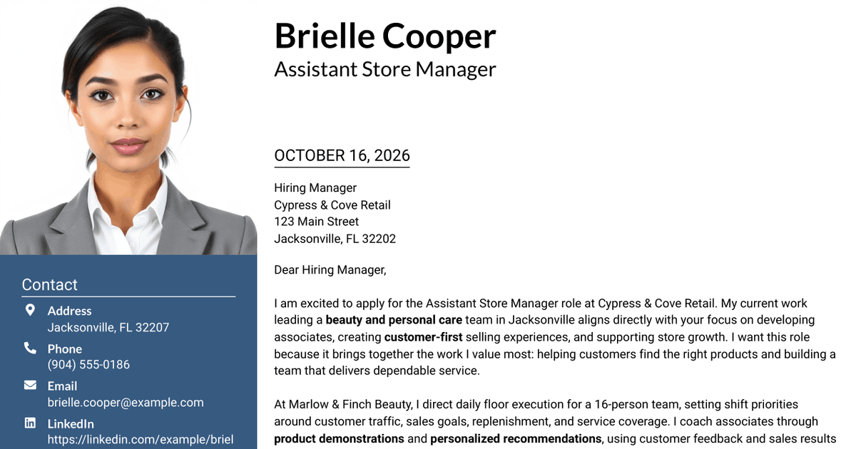 7 Retail Assistant Store Manager Beauty and Personal Care Cover Letter Templates with Example