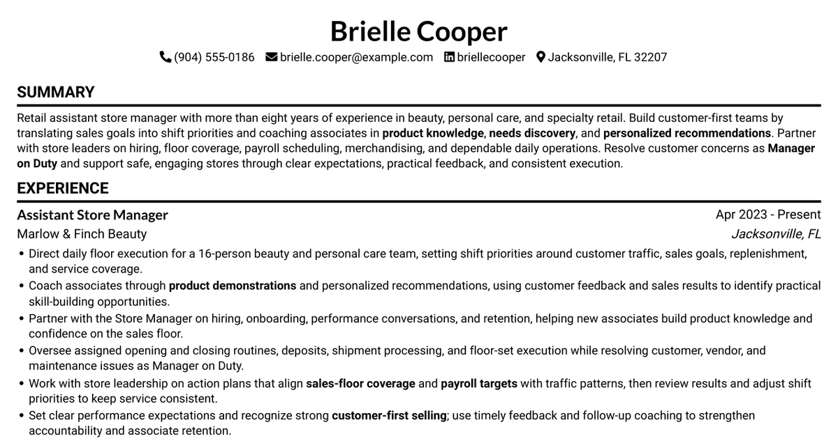 7 Retail Assistant Store Manager Beauty and Personal Care Resume Templates with Example