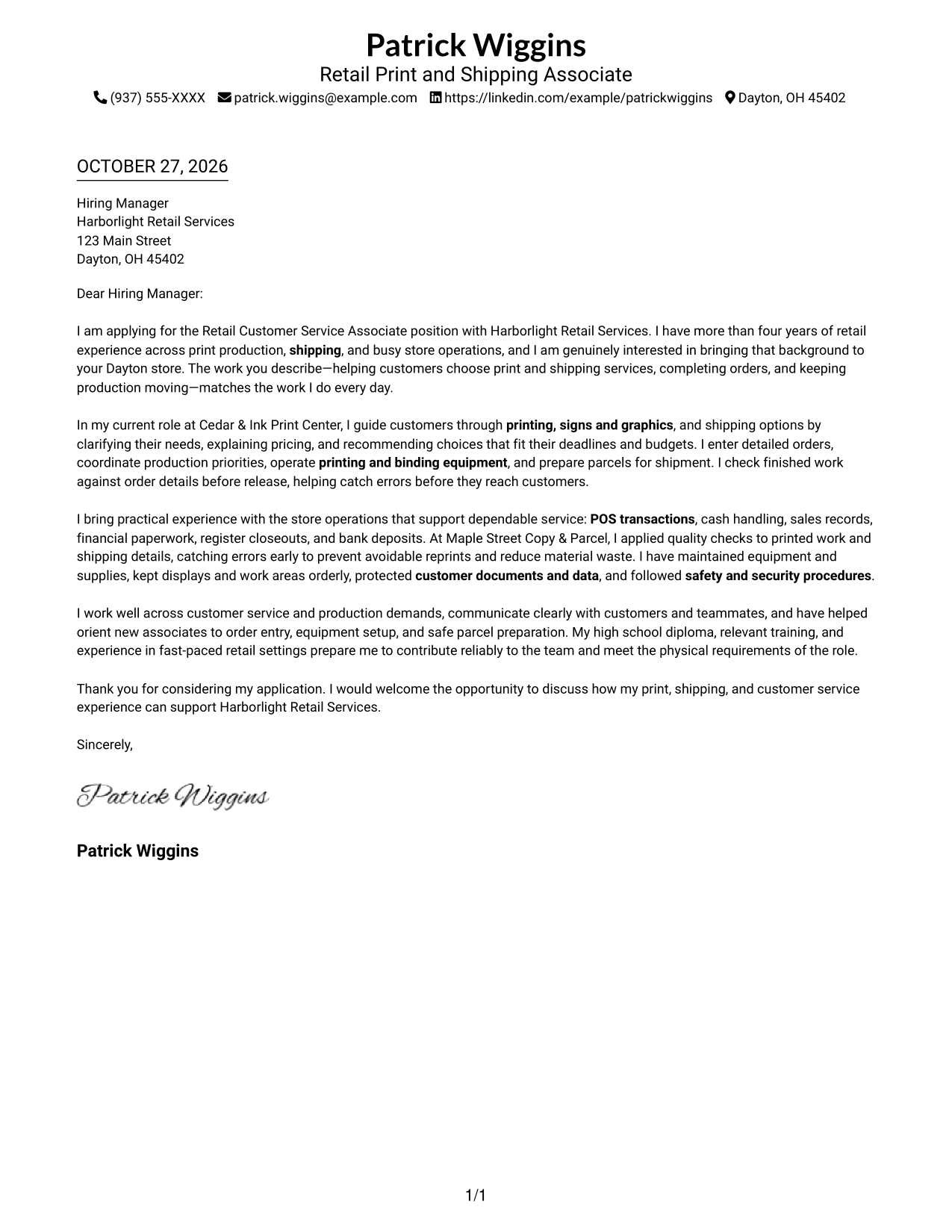 Cover letter example — page 1