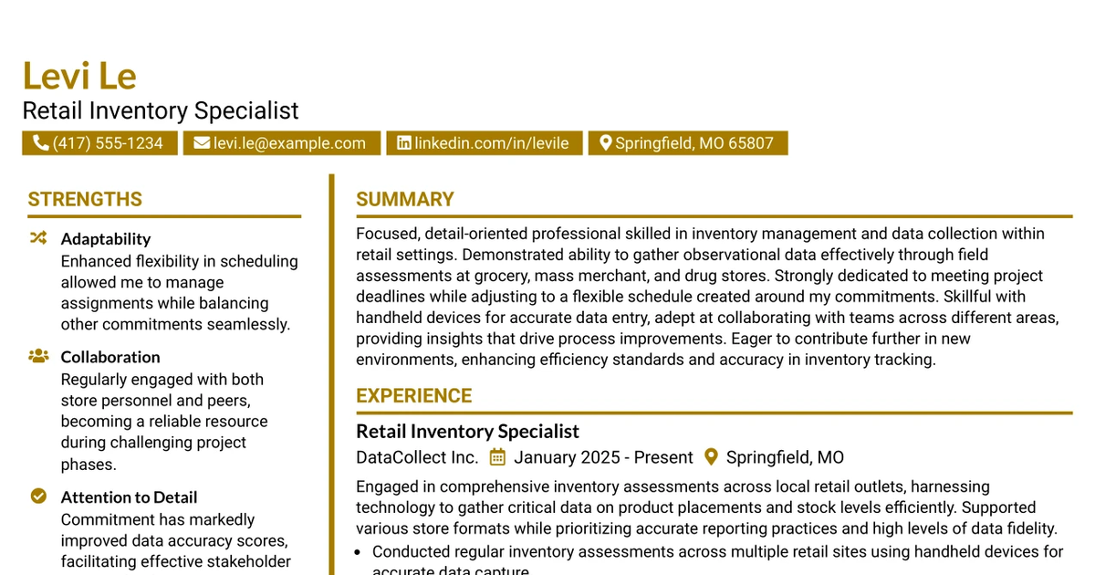 33 Retail Inventory Specialist Resume Templates with Example 2026 (ATS-Optimized)