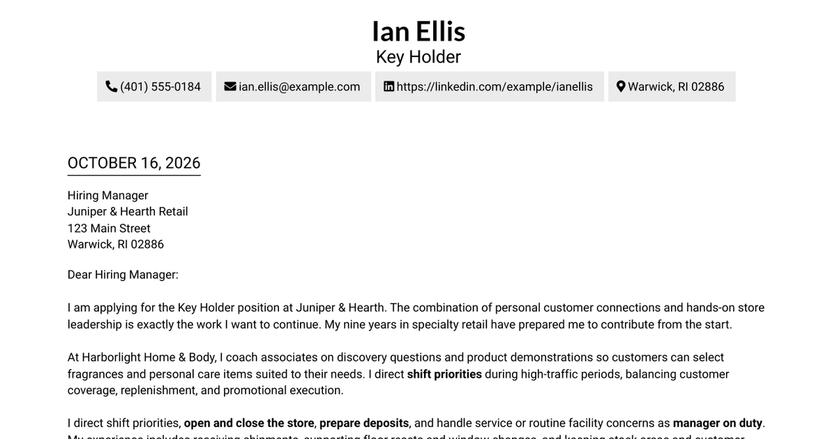 7 Retail Key Holder - Customer Experience and Store Operations Cover Letter Templates with Example