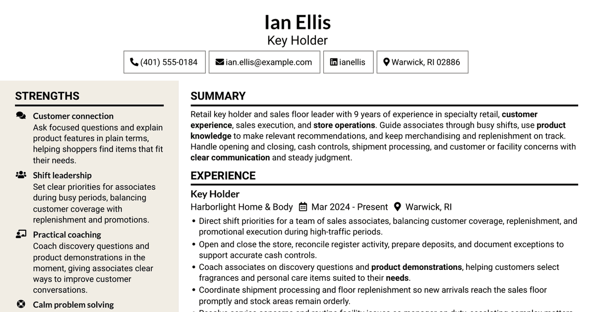 7 Retail Key Holder - Customer Experience and Store Operations Resume Templates with Example