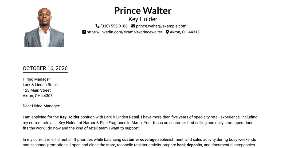 7 Retail Key Holder - Sales and Store Operations Cover Letter Templates with Example