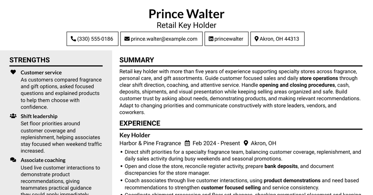 7 Retail Key Holder - Sales and Store Operations Resume Templates with Example