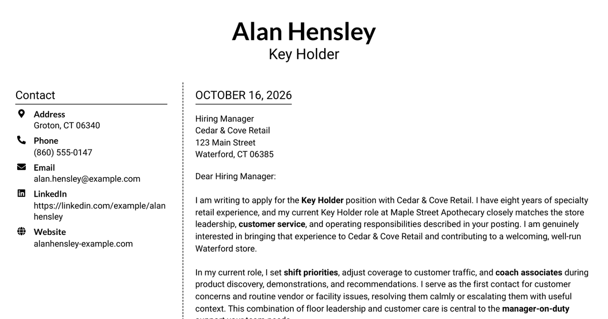 7 Retail Key Holder - Store Sales and Operations Cover Letter Templates with Example