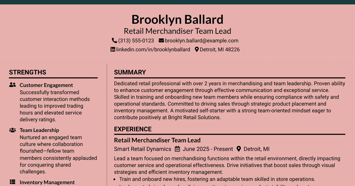 33 Retail Merchandiser Team Lead Resume Templates with Example 2026 (ATS-Optimized)