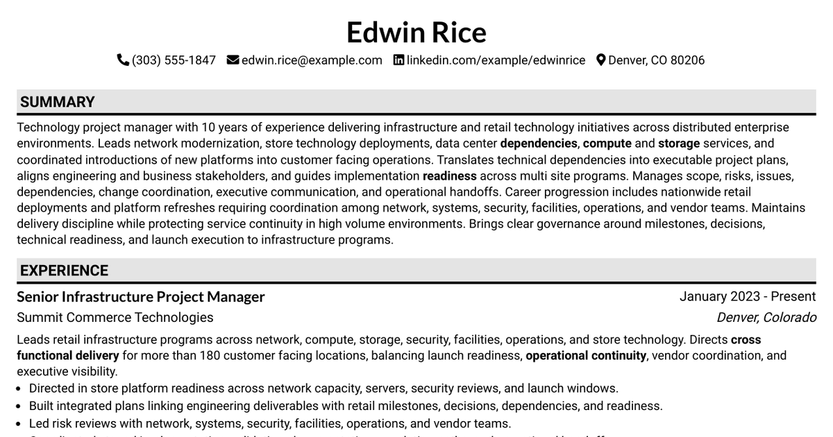 7 Retail Network Project Manager, Infrastructure Services Resume Templates with Example