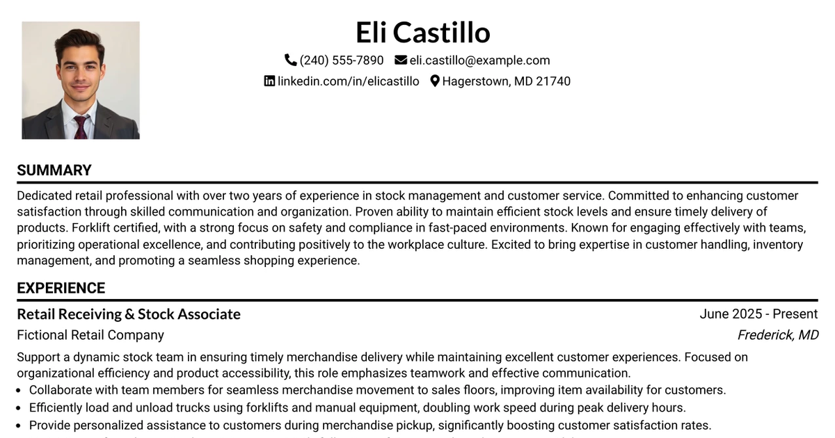33 Retail Receiving & Stock Associate Resume Templates with Example 2026 (ATS-Optimized)