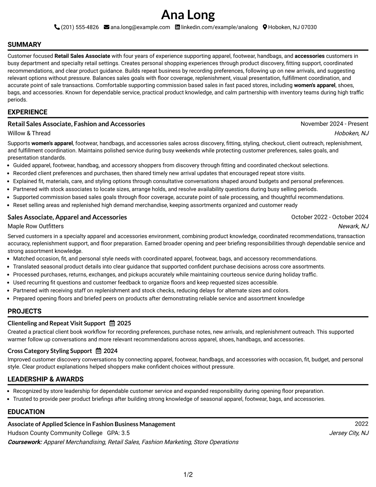 Resume Example Page 1