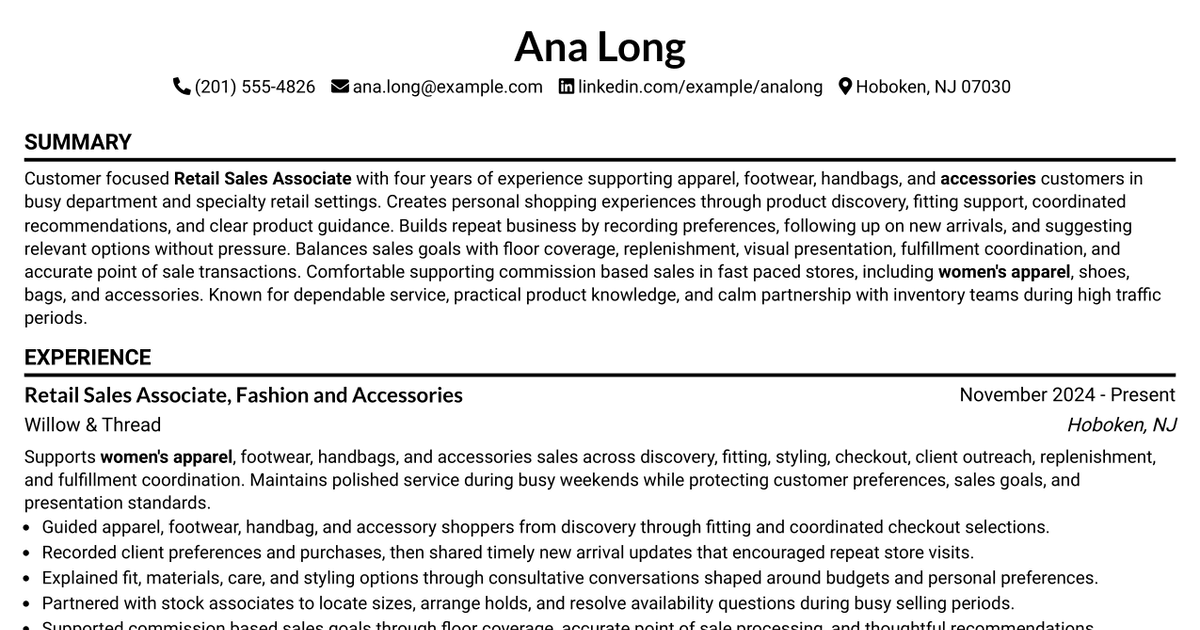 7 Retail Sales Associate - Fashion and Accessories Resume Templates with Example