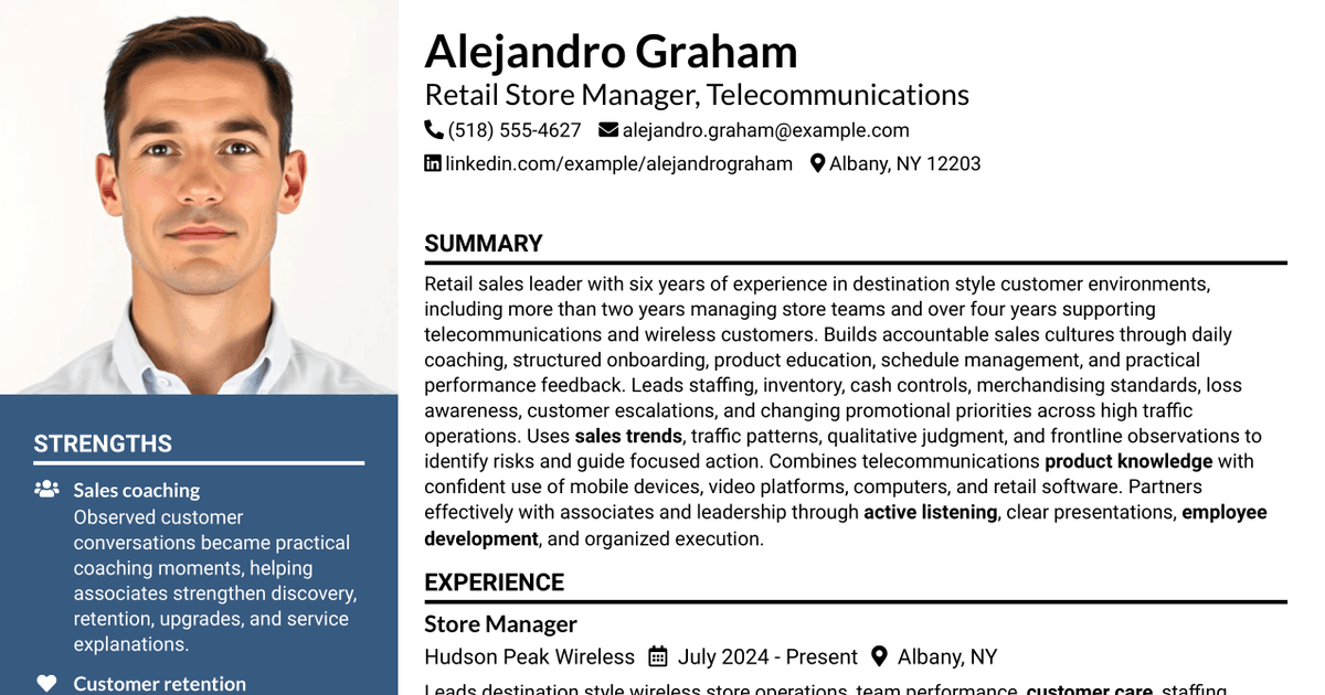 7 Retail Store Manager - Telecommunications Resume Templates with Example