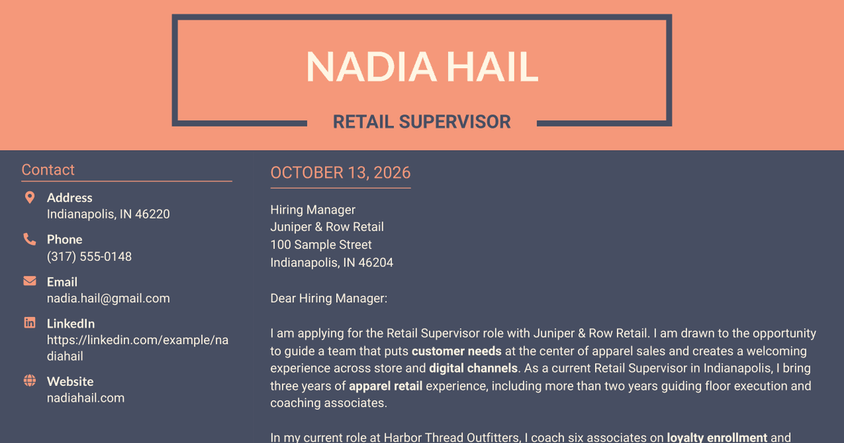 7 Retail Supervisor - Apparel Sales and Customer Experience Cover Letter Templates with Example