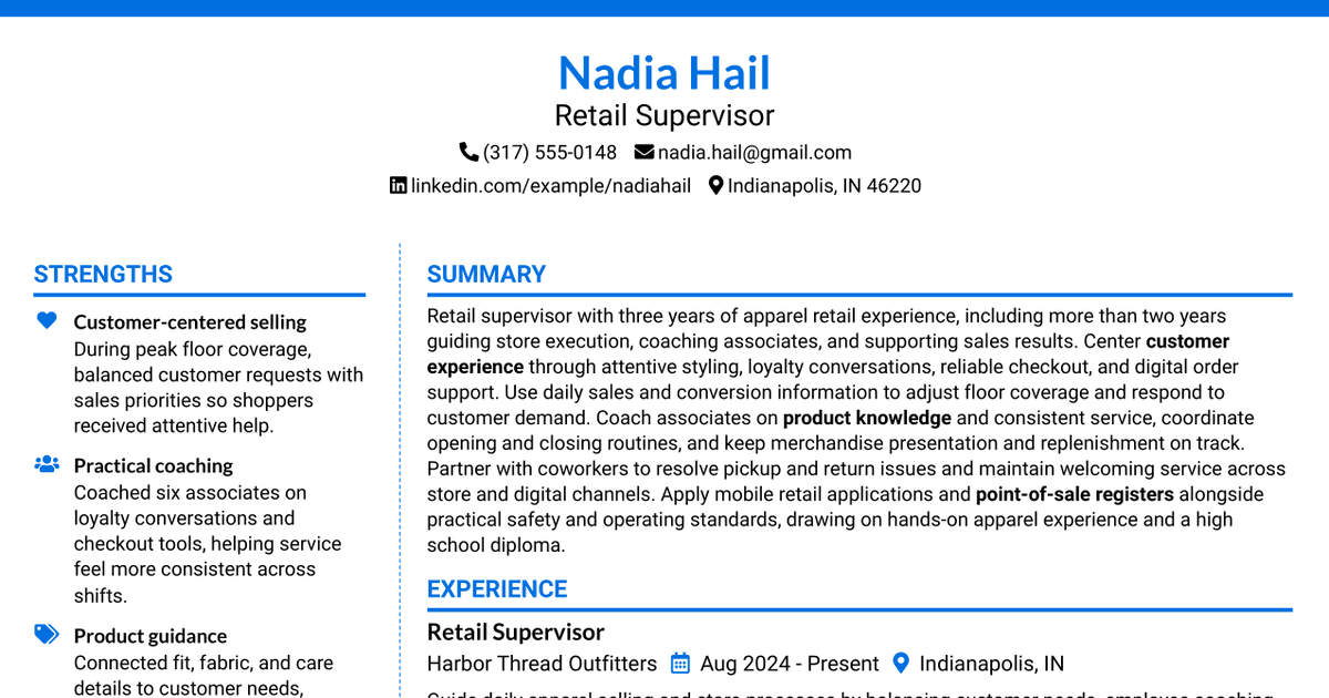 7 Retail Supervisor - Apparel Sales and Customer Experience Resume Templates with Example