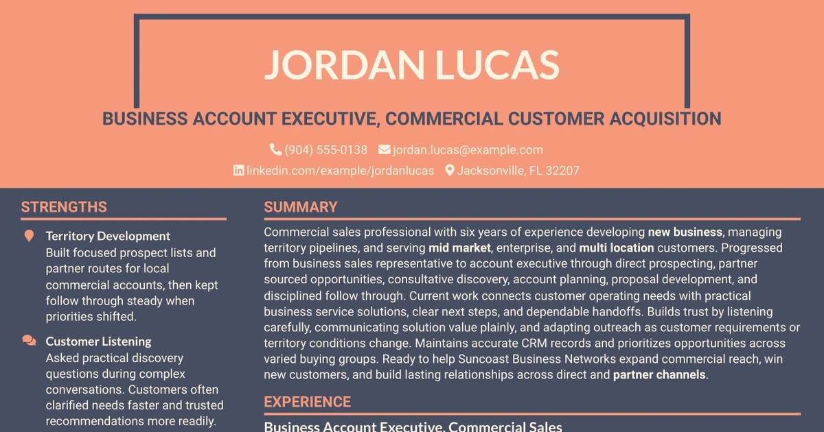 33 Retail to Business Account Executive - Commercial Customer Acquisition Resume Templates with Example 2026 (ATS-Optimized)