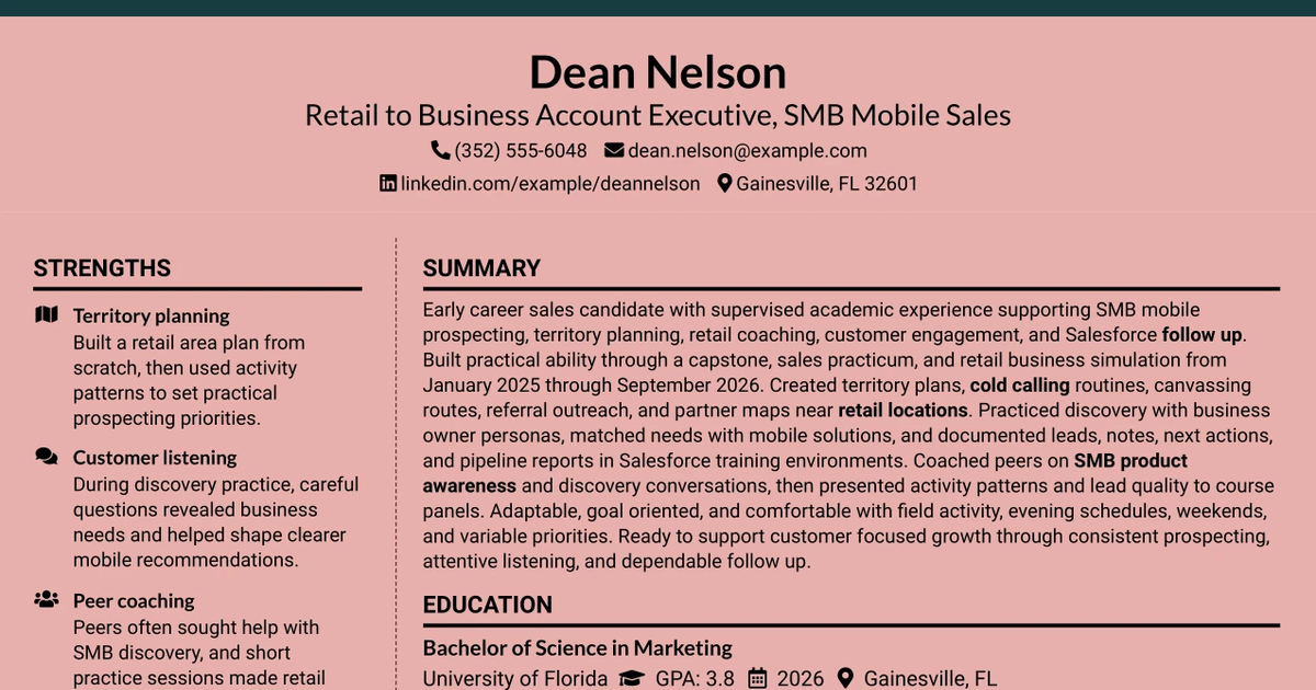 33 Retail to Business Account Executive - SMB Mobile Sales Resume Templates with Example 2026 (ATS-Optimized)