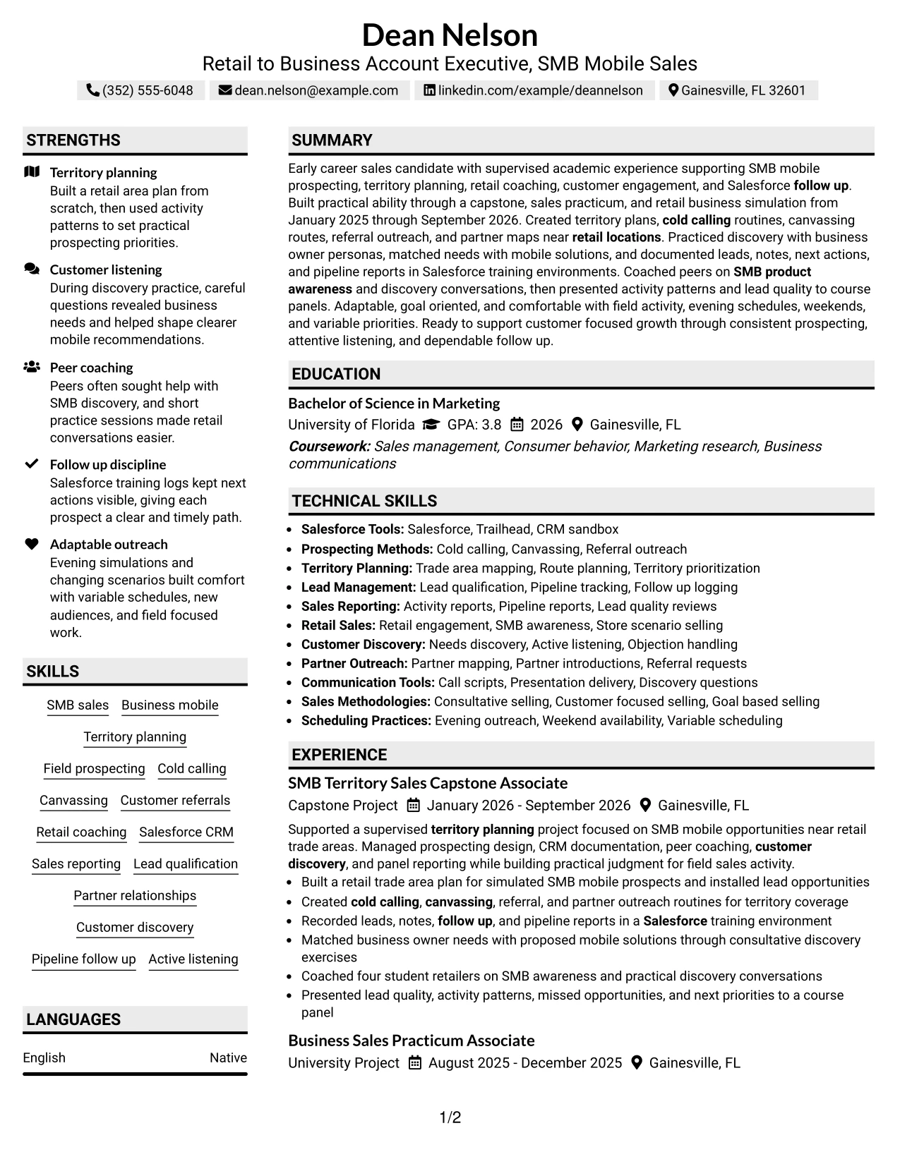 Resume Example Page 1