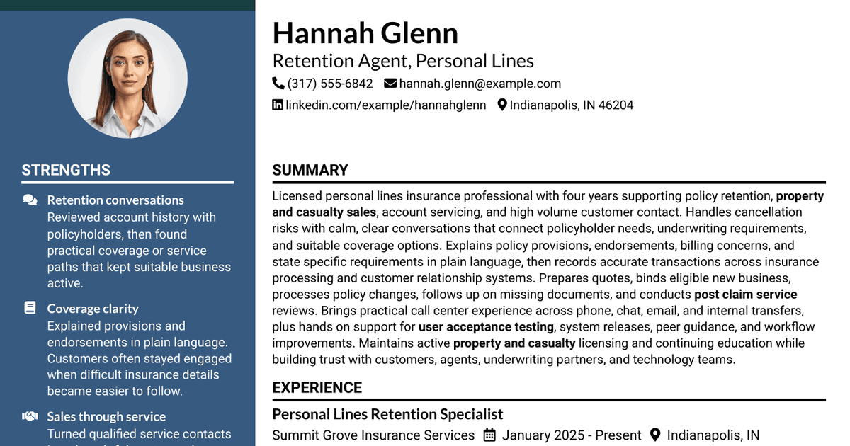 7 Retention Agent - Personal Lines Resume Templates with Example