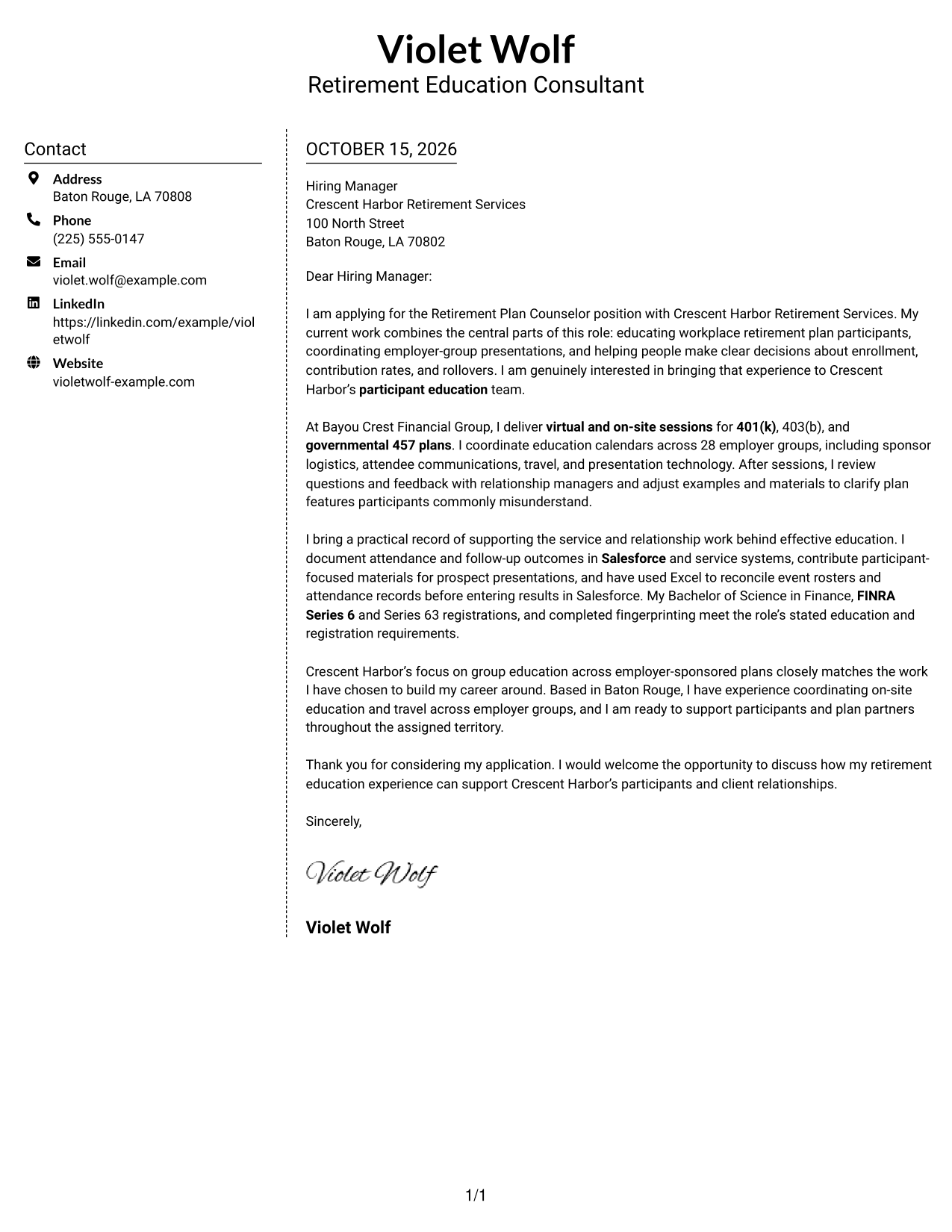 Cover letter example — page 1