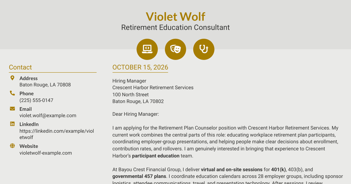 7 Retirement Plan Counselor - Participant Education Cover Letter Templates with Example