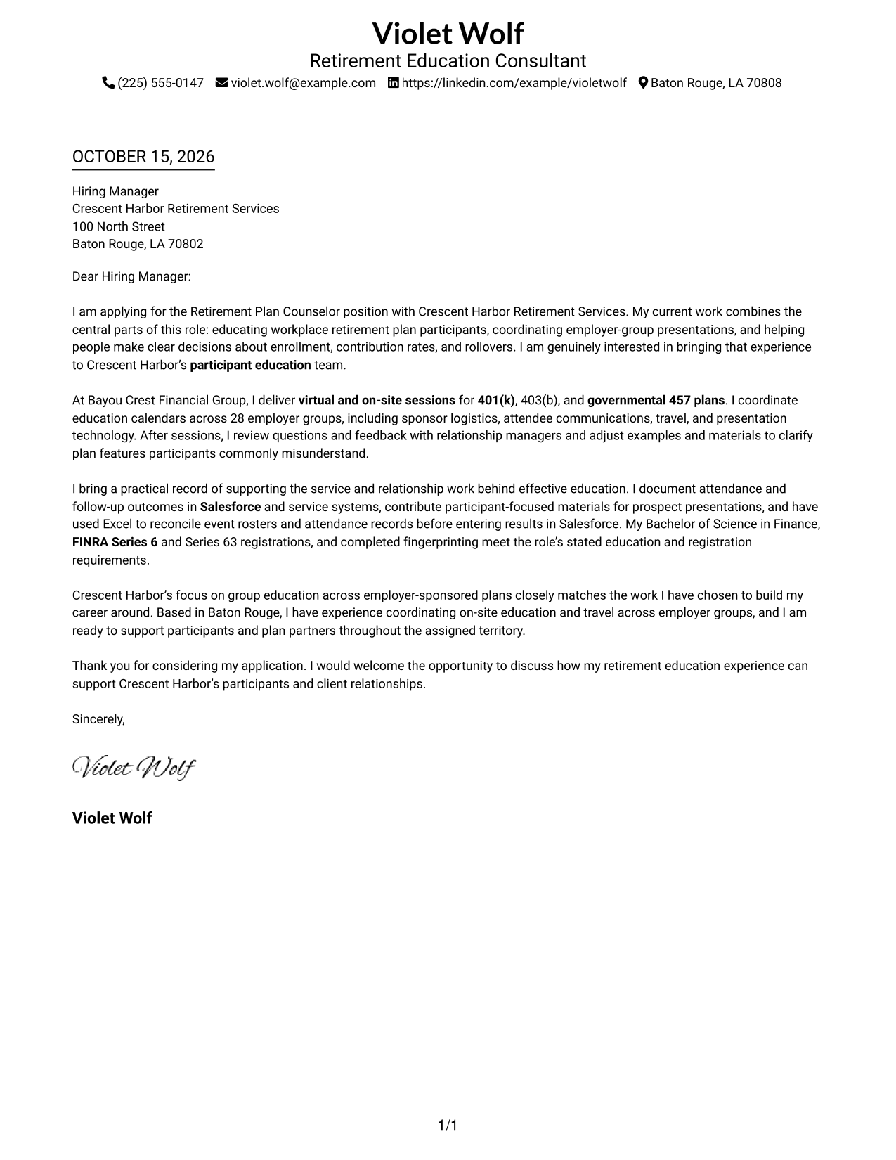 Cover letter example — page 1