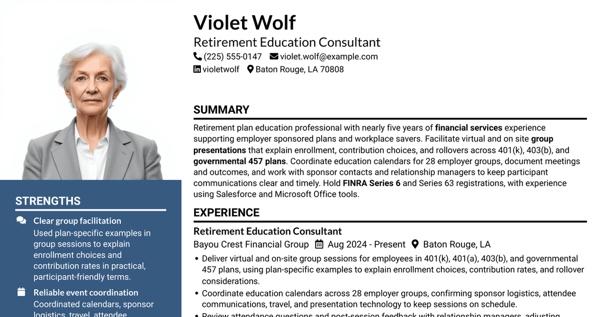 7 Retirement Plan Counselor - Participant Education Resume Templates with Example