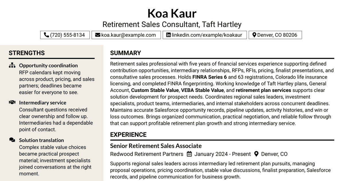 7 Retirement Sales Consultant - Taft-Hartley Resume Templates with Example