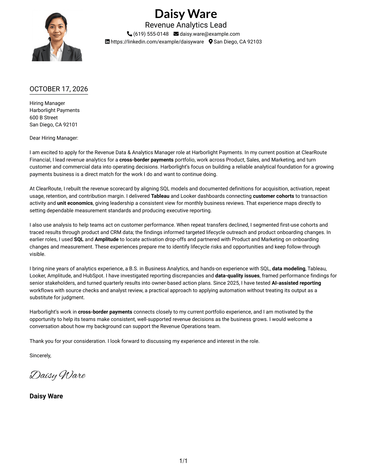 Cover letter example — page 1