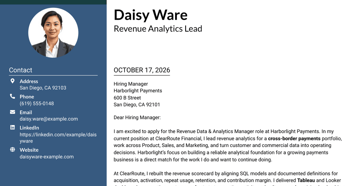 7 Revenue Data & Analytics Manager Cover Letter Templates with Example