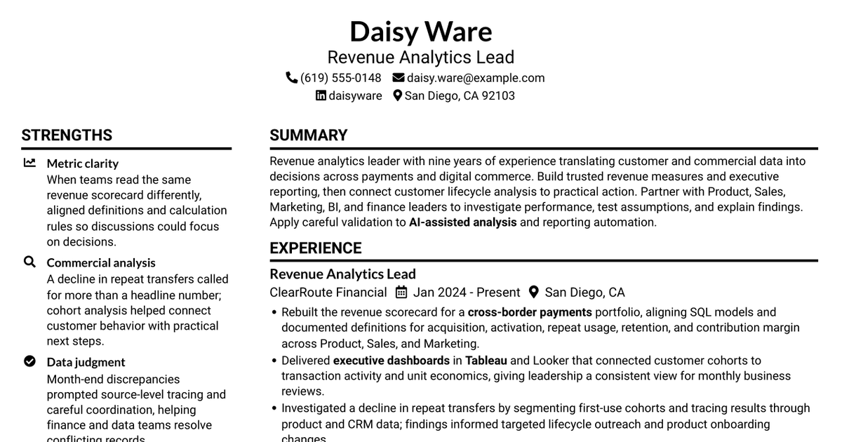7 Revenue Data & Analytics Manager Resume Templates with Example