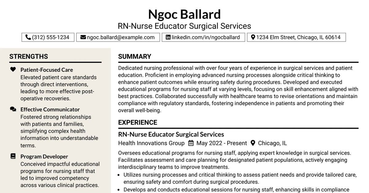 33 RN-Nurse Educator Surgical Services Resume Templates with Example 2026 (ATS-Optimized)