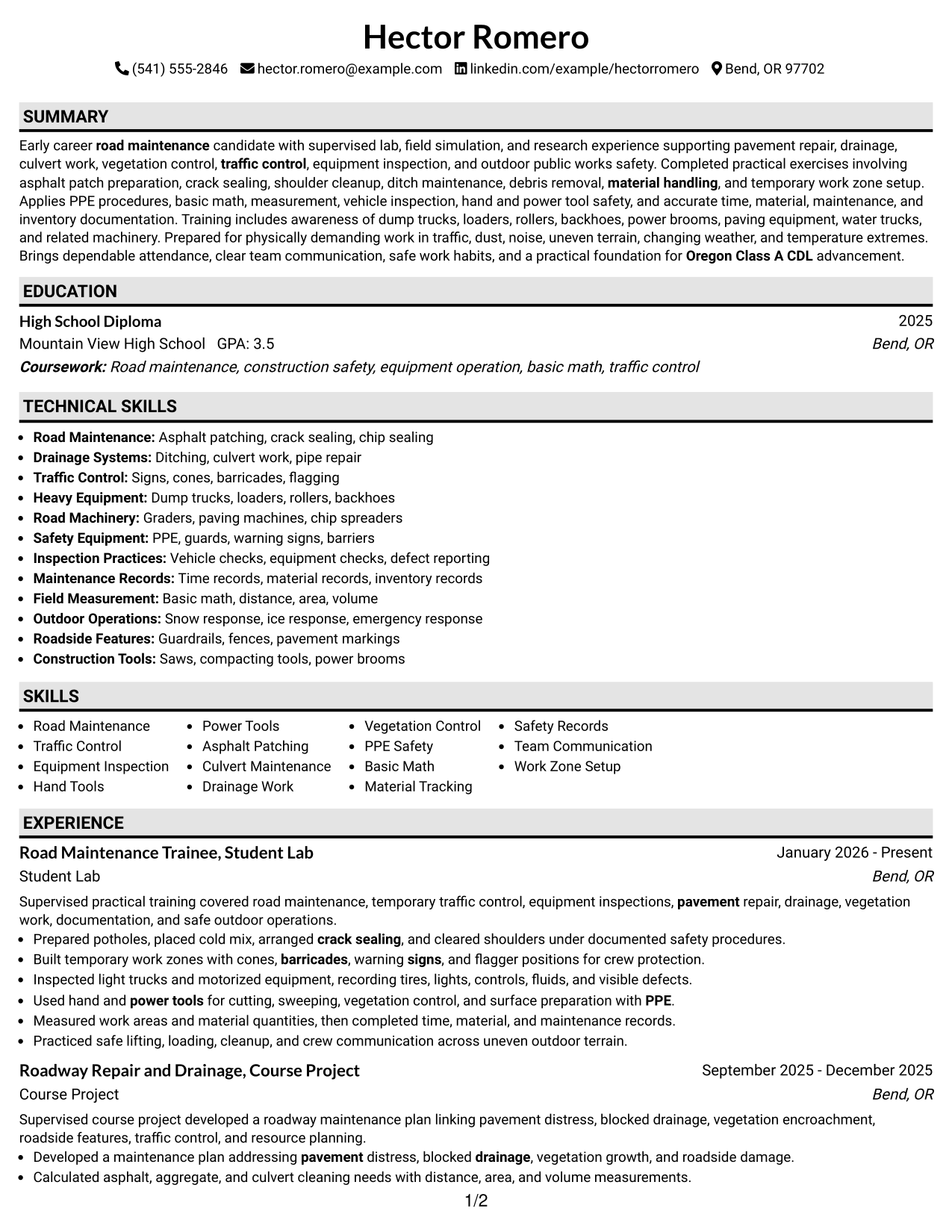 Resume Example Page 1