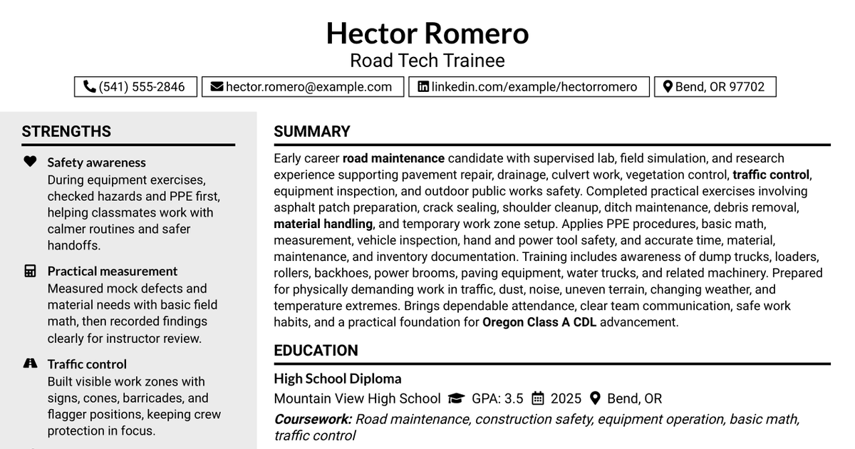 7 Road Tech Trainee, I or II Resume Templates with Example
