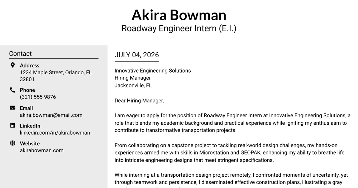 30+ Roadway Engineer Intern (E.I.) Cover Letter Templates with Example 2026