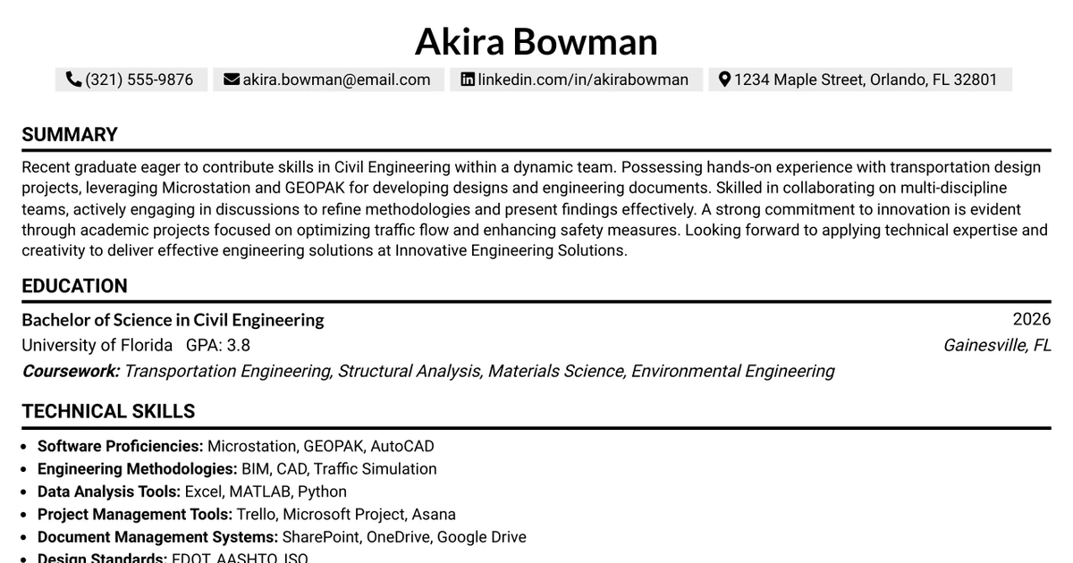 33 Roadway Engineer Intern (E.I.) Resume Templates with Example 2026 (ATS-Optimized)