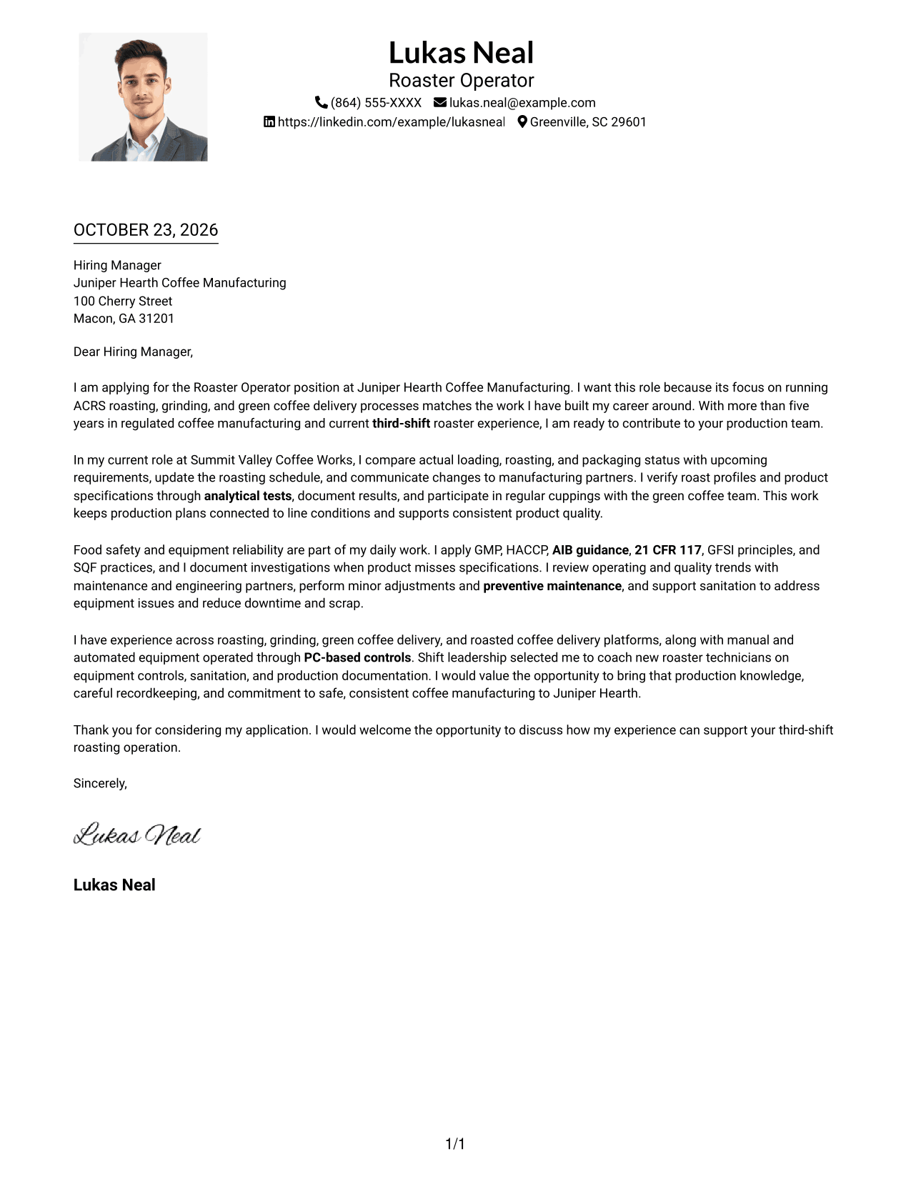 Cover letter example — page 1