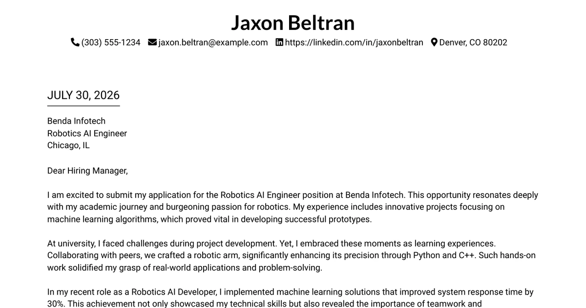 30+ Robotics AI Engineer Cover Letter Templates with Example 2026
