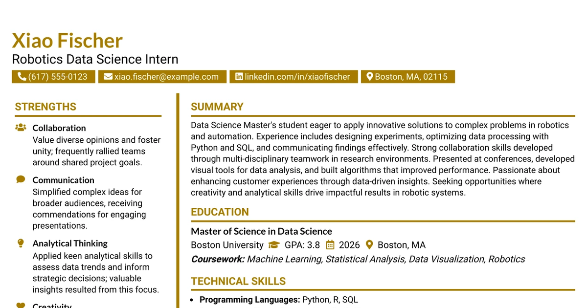33 Robotics Data Science Intern Resume Templates with Example 2026 (ATS-Optimized)