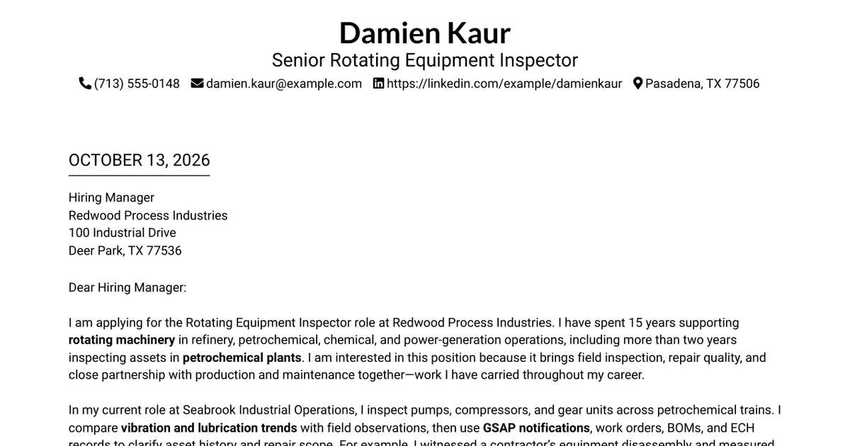 7 Rotating Equipment Inspector - Petrochemical Machinery Cover Letter Templates with Example