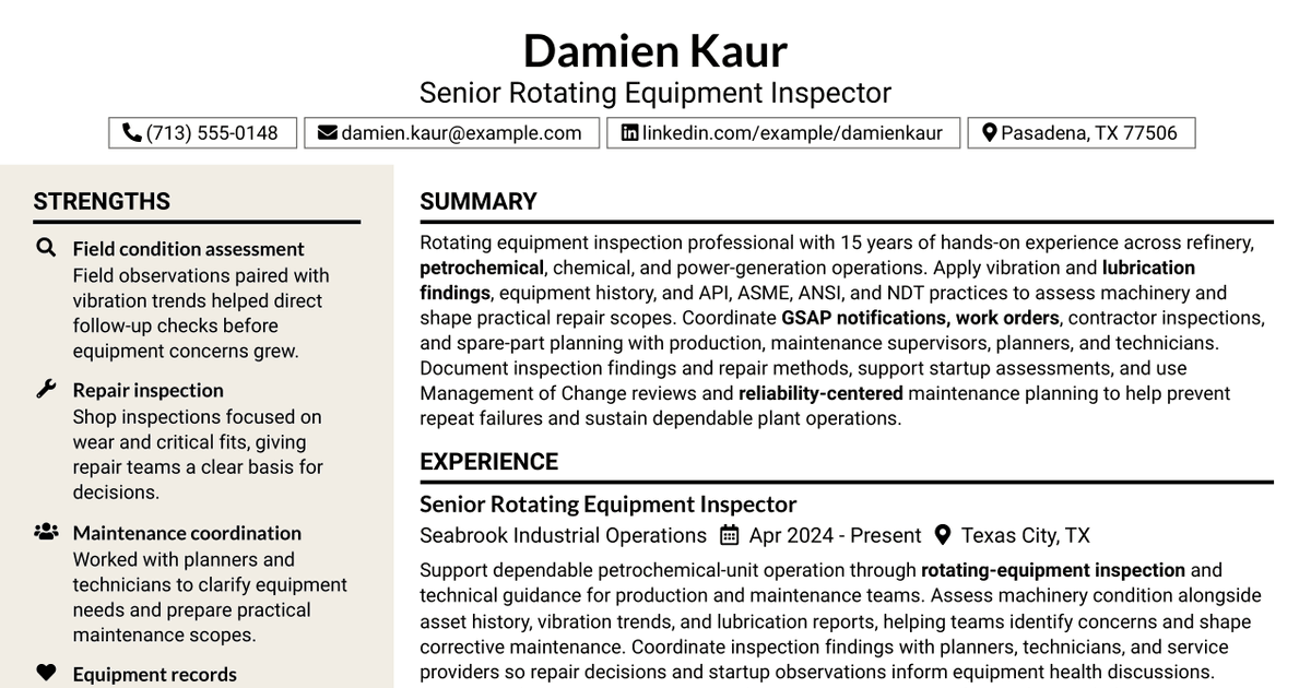 7 Rotating Equipment Inspector - Petrochemical Machinery Resume Templates with Example