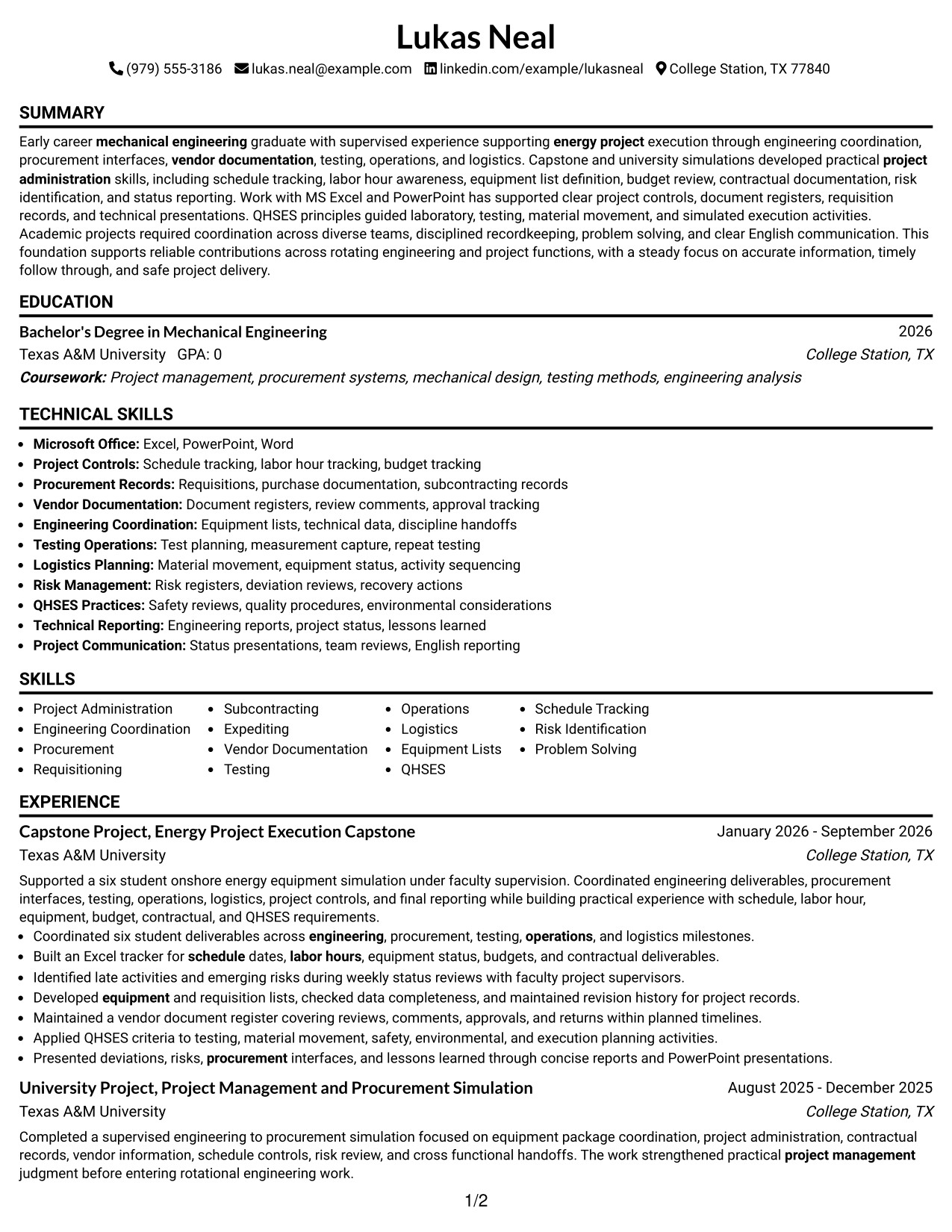Resume Example Page 1