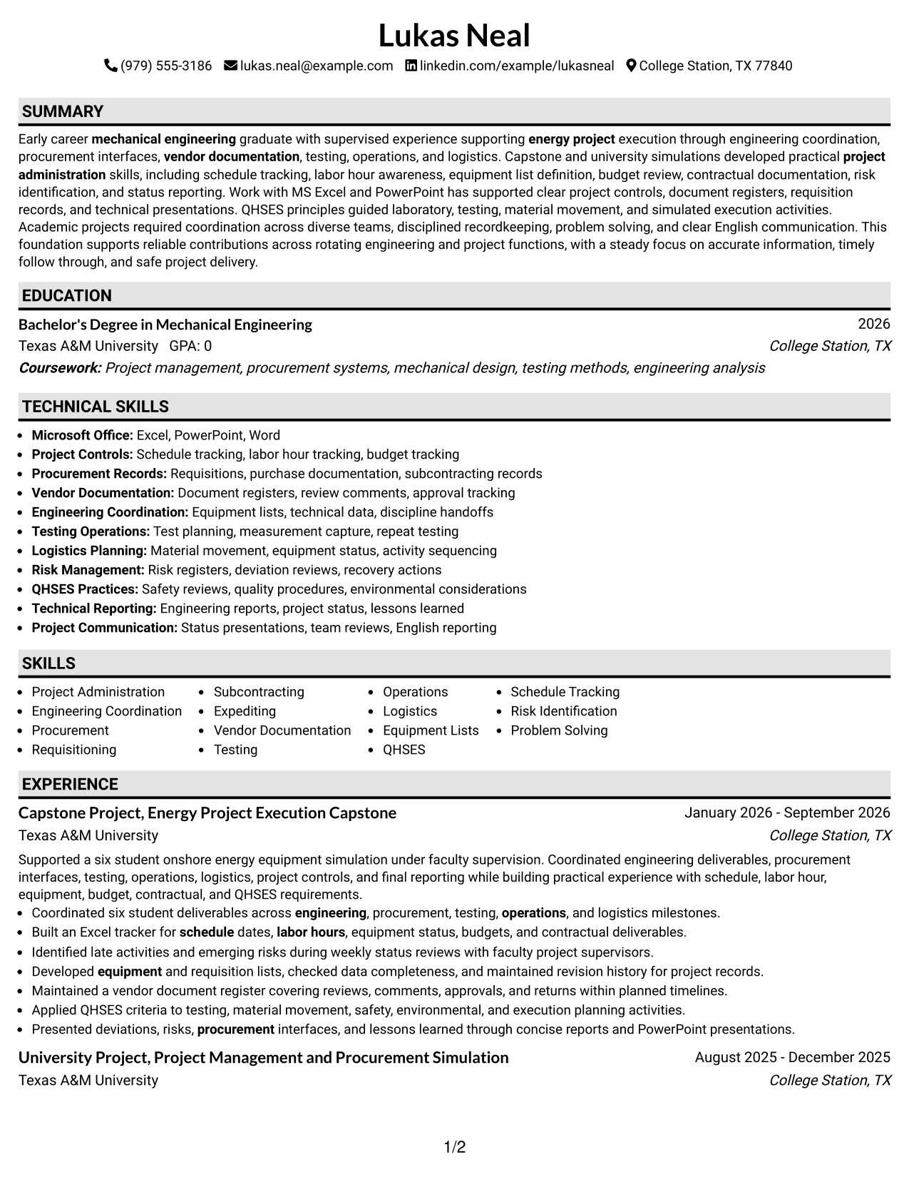 Resume Example Page 1