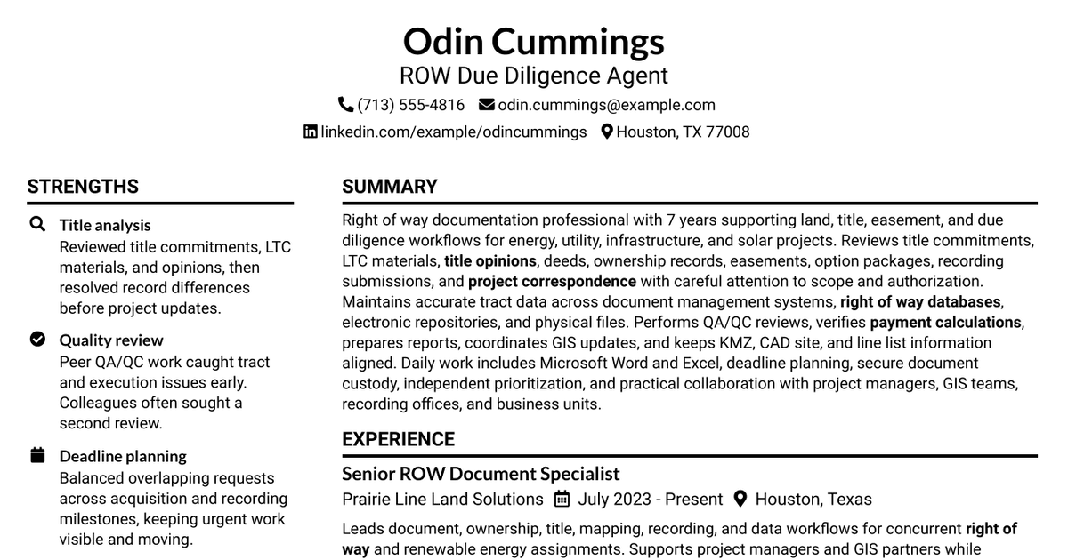 7 ROW Due Diligence Agent Resume Templates with Example