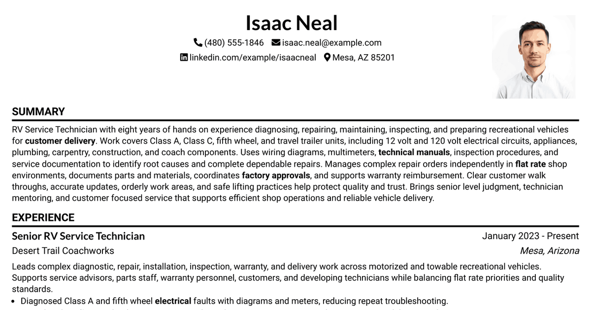 7 RV Service Technician Resume Templates with Example