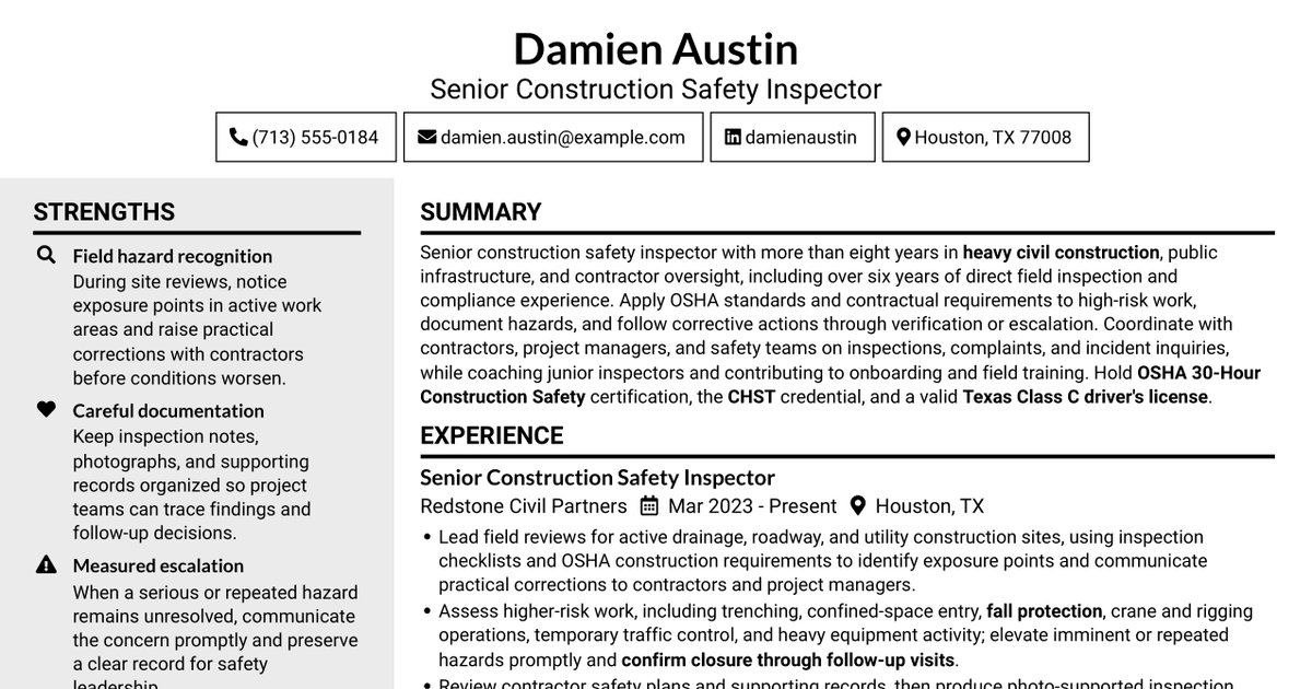 7 Safety Inspector III - Construction Safety Resume Templates with Example