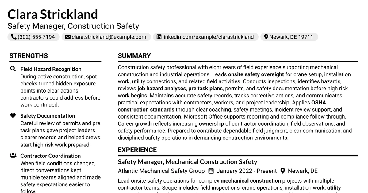 33 Safety Manager - Construction Safety Resume Templates with Example